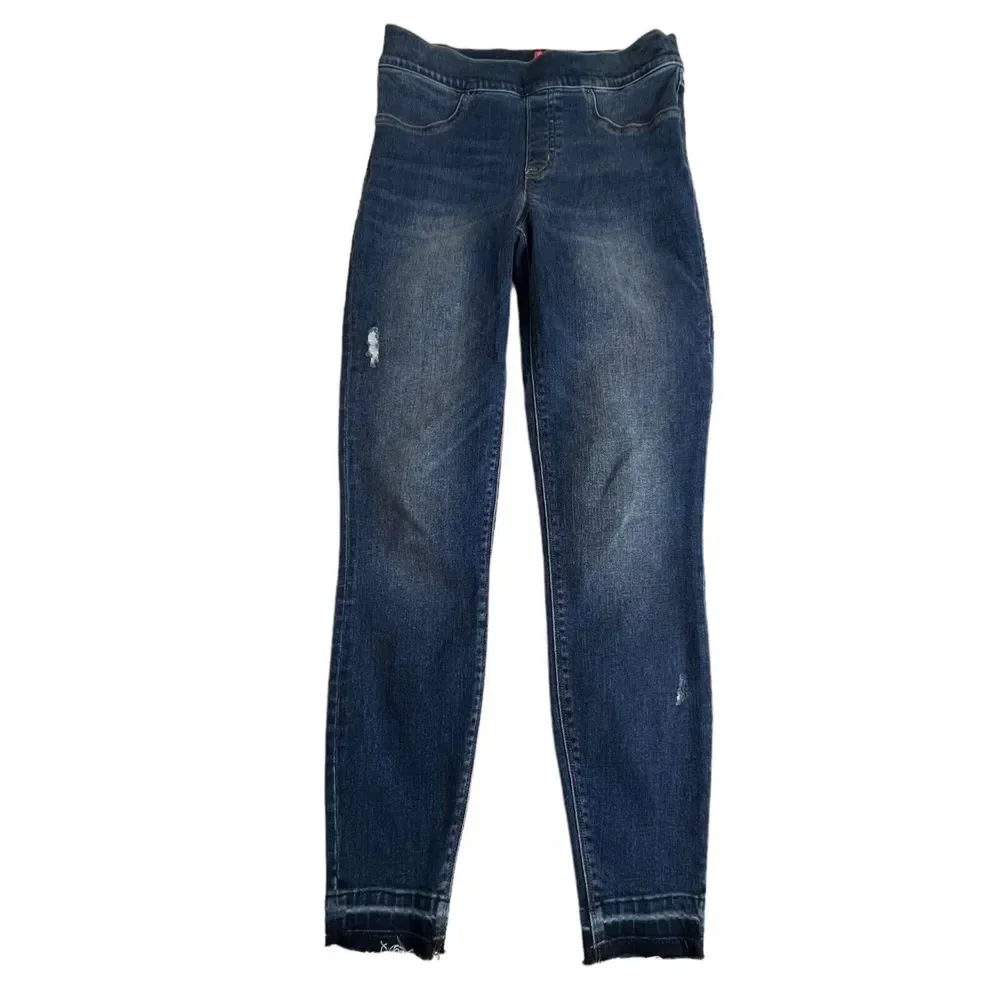 Spanx Medium Wash Mid Rise Distressed Raw Hem Pull On Skinny Jegging Jeans Small